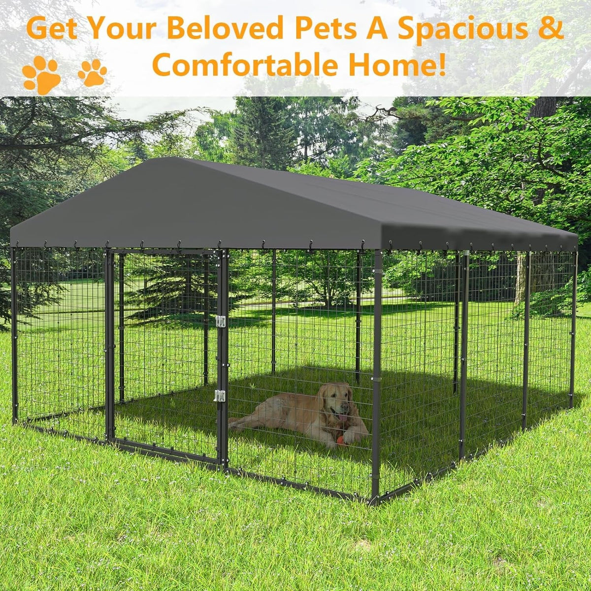 W 118 x D 118 x H 70 grote hondenkennel voor buiten, stevige hondenkooi met waterdicht dak