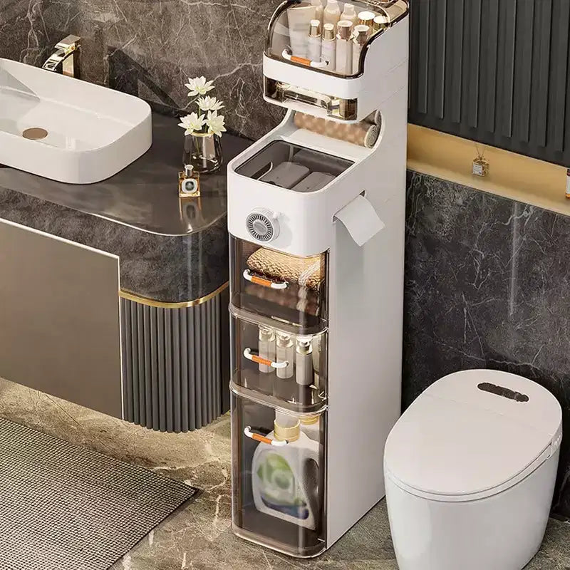 Smalle badkamerkast, smalle opbergkast met 7 niveaus, waterdichte opbergers, tissuedooshouder en wielen, ideaal voor badkamer, keuken en wasruimte