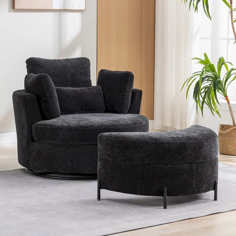 42,3W gestoffeerde draaifauteuil met 4 kussens en halvemaanvormige opberghocker