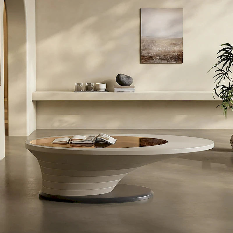 Table basse ovale moderne minimaliste de luxe léger avec plateau en verre et base grise 51 in. - L 51.18'W 25.59'H 14.37'