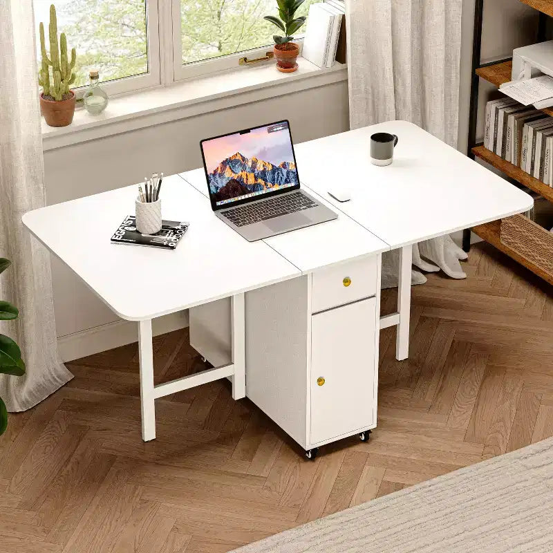ATJafurn 59-Zoll-Klapptisch mit abklappbaren Tischplatten für kleine Räume, rechteckiger ausziehbarer Küchentisch aus Holz mit Rollen und Stauraum