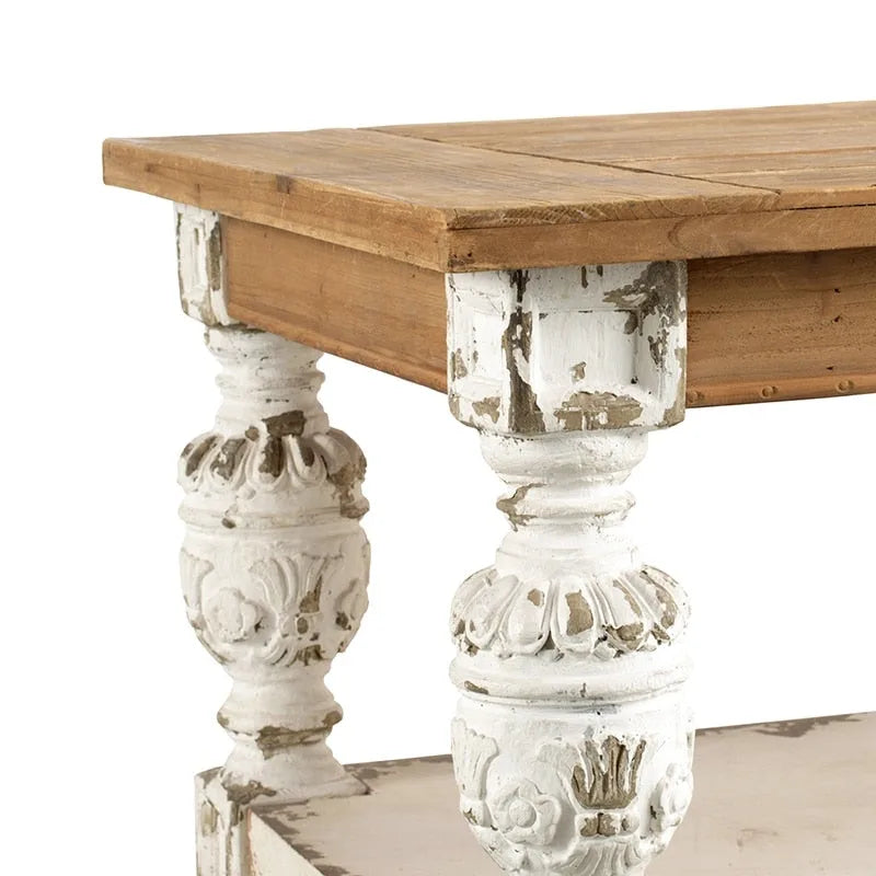 Table basse rectangulaire en bois blanc ancien patiné