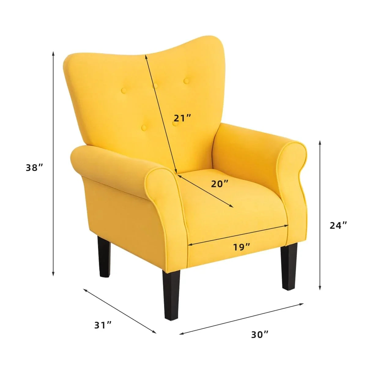 Erommy moderne accentstoel, fauteuil met hoge rugleuning, gestoffeerde stoffen fauteuil met knopen en houten poten voor de woonkamer