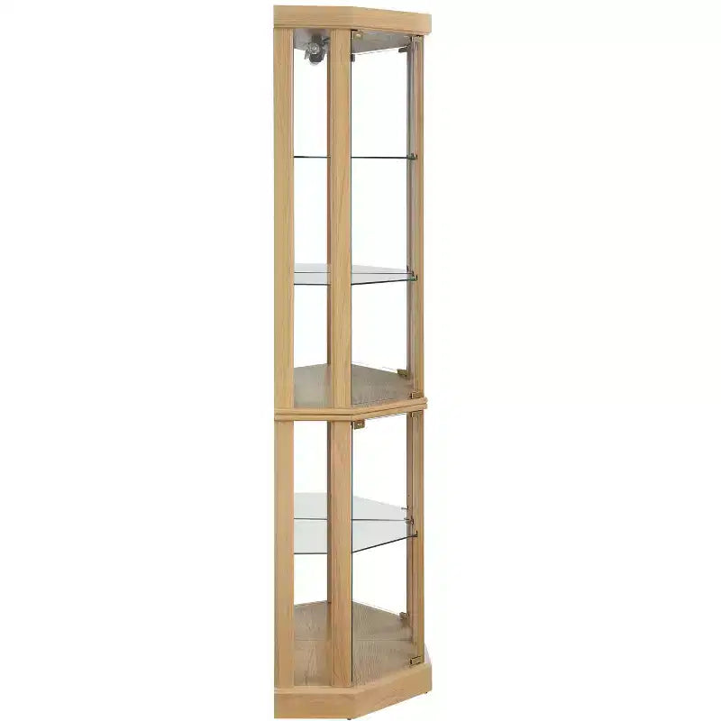 Hoekvitrinekast met glazen deuren en planken, hoekdisplaykast voor de woonkamer