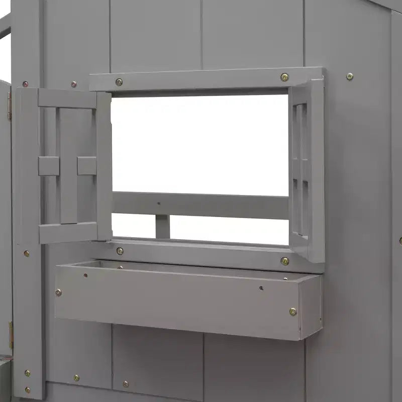 Twin Size House-Shaped Loft Bed, Wood Playhouse Loft Bed with Ladder & Guardrails for Kids
