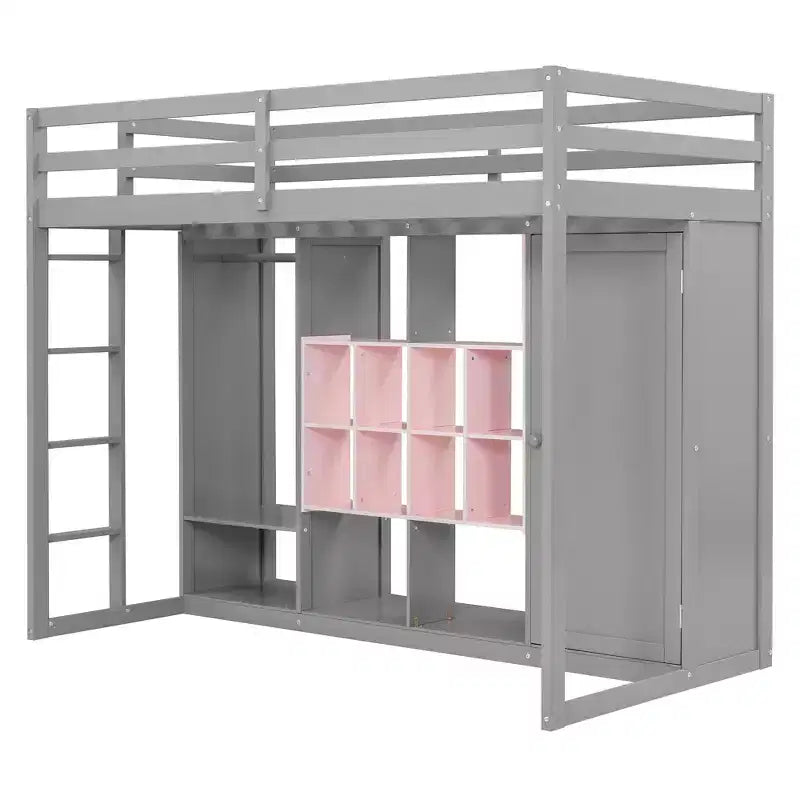 Kinder-Hochbett mit Kleiderschrank und Regalen, Hochbettgestell aus Holz mit Stauraumschrank für Kinder und Jugendliche