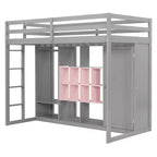 Kinder-Hochbett mit Kleiderschrank und Regalen, Hochbettgestell aus Holz mit Stauraumschrank für Kinder und Jugendliche