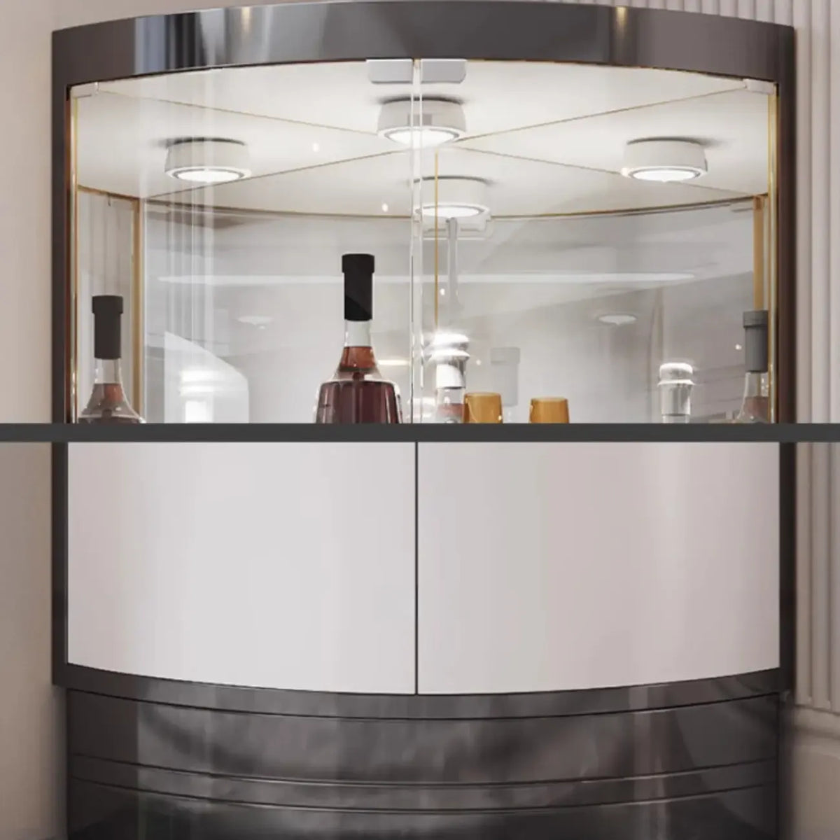 Eckschrank zur Aufbewahrung und Präsentation mit mehreren Ebenen aus Glas und Metall, Weinschrank