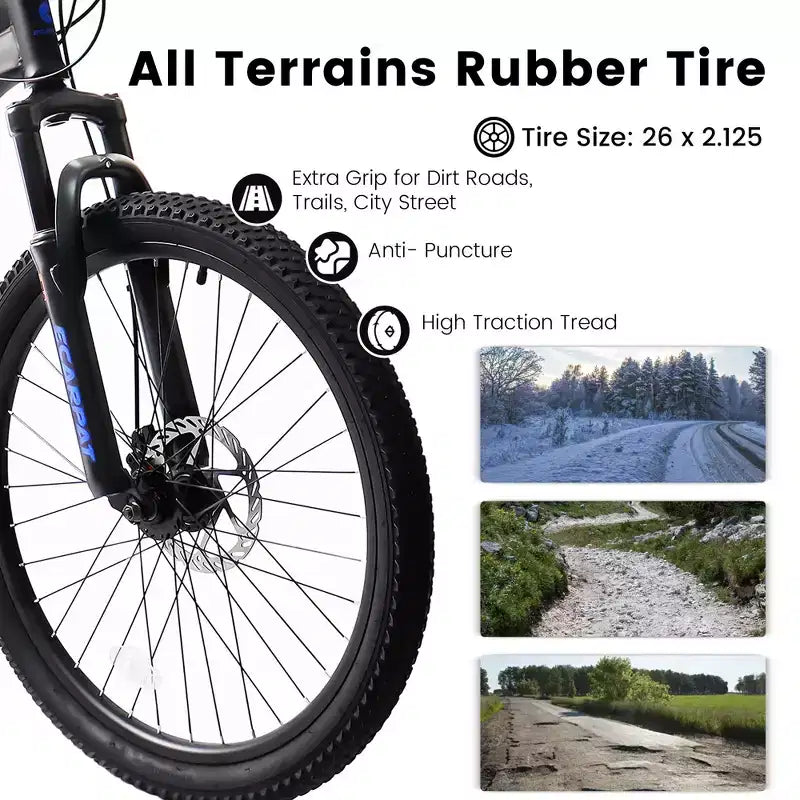 Okak 26-Zoll-Mountainbike mit Scheibenbremsen, 21-Gang-Fahrrad für Erwachsene mit robustem Rahmen und doppelter hinterer Federung, Fahrrad für das Fahren auf städtischen Straßen
