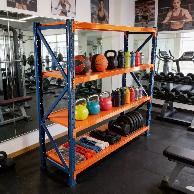 Étagères de garage robustes VIYET, rayonnage métallique réglable à 4 niveaux d’une capacité de 4 400 lb, rangement industriel bleu et orange pour magasin commercial, outils et salle de sport