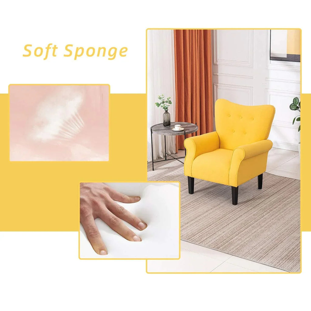 Erommy moderne accentstoel, fauteuil met hoge rugleuning, gestoffeerde stoffen fauteuil met knopen en houten poten voor de woonkamer