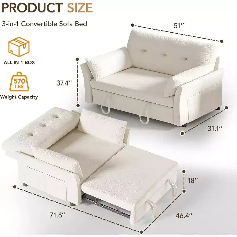 Dyonery 3-in-1-Schlafsofa, ausziehbares Schlafsofa mit Seitentasche und verstellbarer Rückenlehne, werkzeuglose Montage, klappbares Loveseat