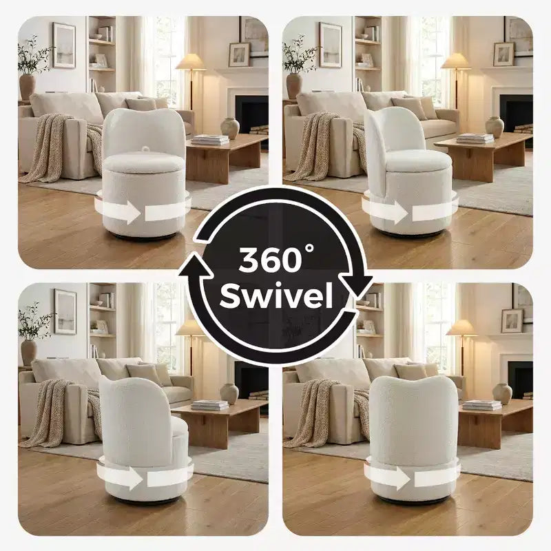Chaise de coiffeuse pivotante avec rangement, tabouret rond rembourré avec dossier, fauteuil tonneau d’appoint doux et rembourré pour chambre et salon