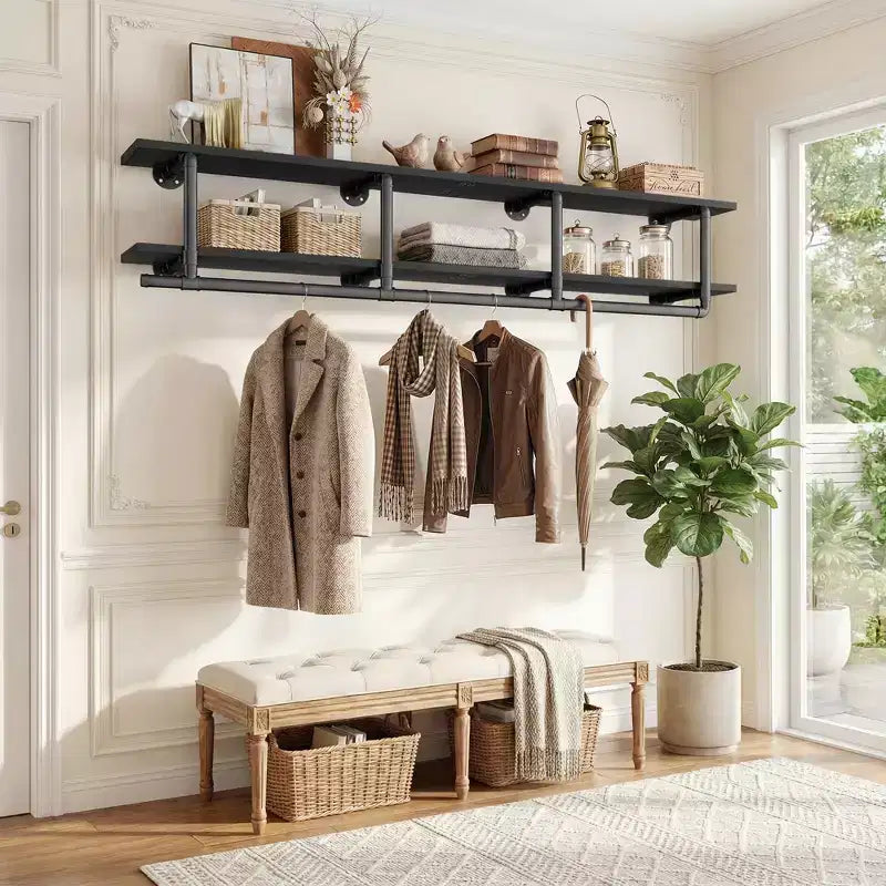 Portant à vêtements Besiost à 2 niveaux avec tringle, étagères à vêtements et étagère supérieure