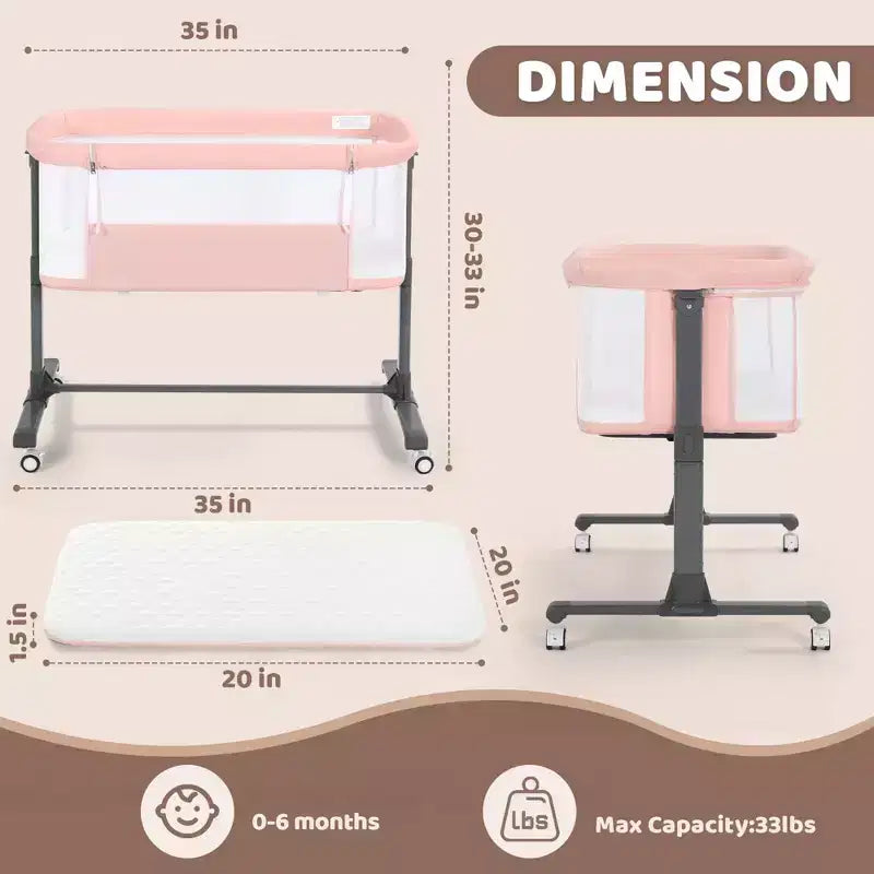Babywiegje met wielen ??Beige / Grijs / Roze, aanschuifwiegje, voor 1 baby