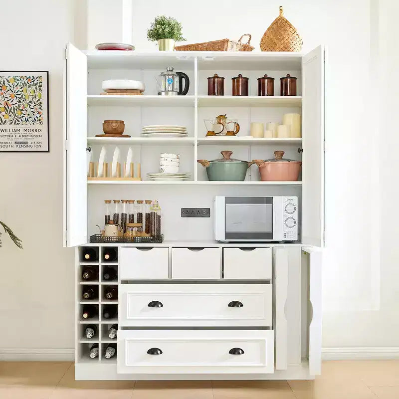 Whisen 71'' Tall Freestanding Kitchen Pantry, Large Dining Storage Cabinet Cupboard Sideboards With 4 Foldable Doors, Shelves, Wine Racks
