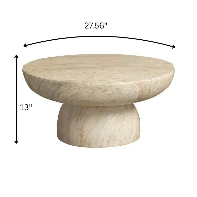 Table basse ronde à piédestal en fiberstone, table d’appoint sculptée pour intérieur et extérieur avec patins antidérapants