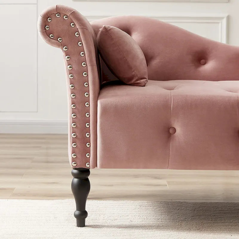 Chaise longue moderne de 60,6 po, capitonnée en velours avec boutons, pieds en bois massif et clous décoratifs