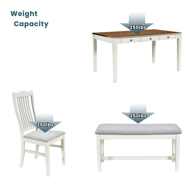 6-delige houten eetkamerset met 4 stoelen en bank, tafel met lade