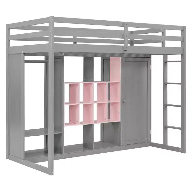 Kinder-Hochbett mit Kleiderschrank und Regalen, Hochbettgestell aus Holz mit Stauraumschrank für Kinder und Jugendliche