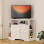 Eck-TV-Ständer für Fernseher bis 55 Zoll, Medienkonsole im Landhausstil mit Scheunentür, offenen Regalen und Stauraumschrank, Weiß