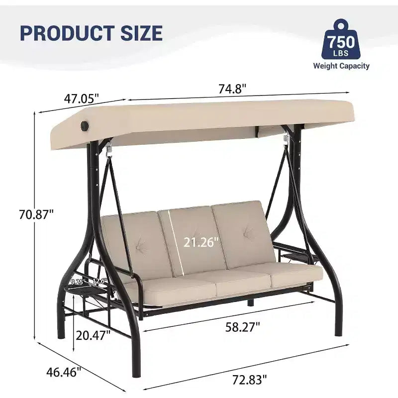 Balançoire d’extérieur convertible 2-en-1 pour 3 personnes avec auvent réglable, lit balançoire de terrasse avec support, coussins épais et porte-gobelets, pour jardin, cour et porche