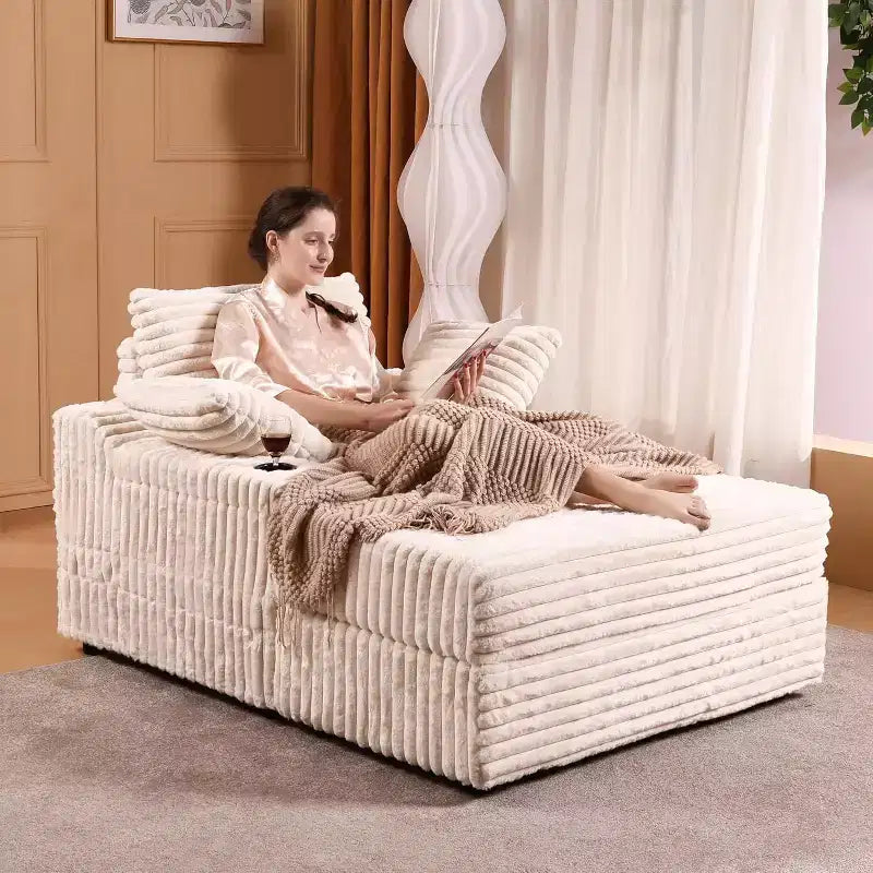 Fauteuil méridienne surdimensionné d’intérieur avec pouf de rangement, canapé-lit en velours côtelé rembourré style nuage avec 3 coussins, fauteuil convertible une place