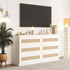 Rattan-Kommode fürs Schlafzimmer mit 6 Schubladen, 119 cm breite moderne Kommode im Landhausstil, Holzschrank mit Stauraum-Organizer für Kleiderschrank, Wohnzimmer und Flur