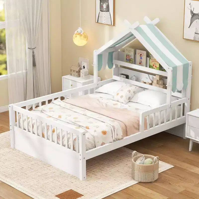 Lit cabane en bois ModernLuxe pour 1 ou 2 personnes avec tête de lit avec rangement, cadre de lit pour enfants en pin massif avec barrières de sécurité