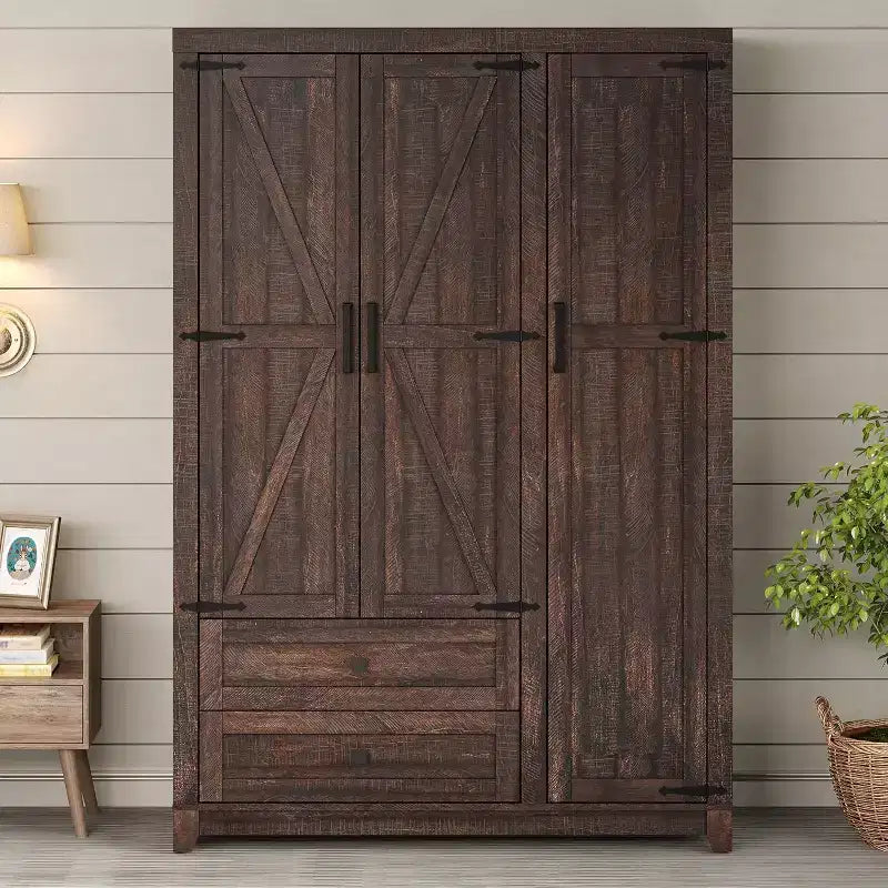 AMERLIFE 47-Zoll-Kleiderschrank im Landhausstil mit 3 Türen, 2 Schubladen, Kleiderstange und verstellbaren Regalen, freistehender Kleiderschrank-Organizer