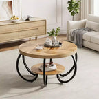 Runder industrieller Couchtisch mit 76 cm Durchmesser, 2 Ebenen, verstellbaren Füßen, Ablage in Holzoptik, Flammendesign, einfache Montage, Wohnzimmer