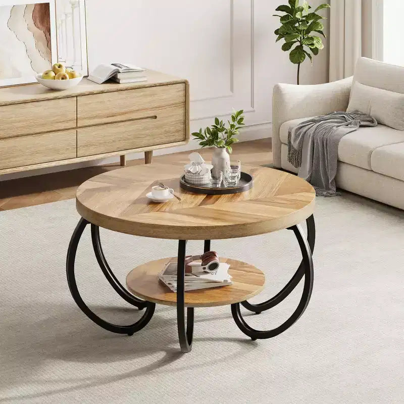 Runder industrieller Couchtisch mit 76 cm Durchmesser, 2 Ebenen, verstellbaren Füßen, Ablage in Holzoptik, Flammendesign, einfache Montage, Wohnzimmer