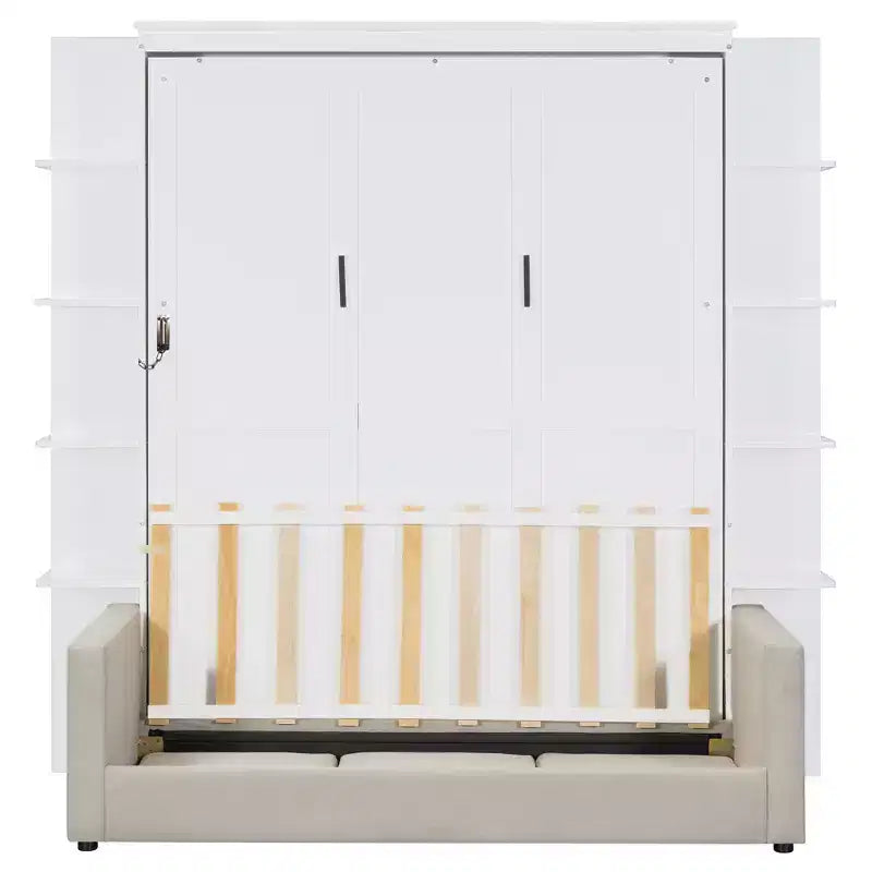 Lit escamotable mural queen size avec canapé, lit armoire pliant queen size avec bibliothèque et étagères pour chambre d’amis ou bureau