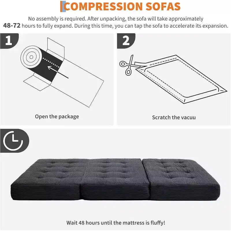 SunnyFurn 6 inch drievoudig vouwmatras en slaapbank, 75 x 54,3 inch, opvouwbaar logeerbed van schuim met gecapitonneerd corduroy, draagbaar voor kamperen, woonkamer en slaapkamer