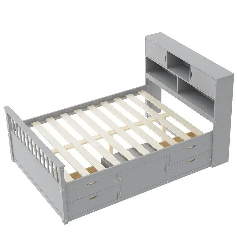 Lit plateforme de capitaine Twin/Full avec 4 tiroirs et étagères de rangement, structure en bois massif avec tête de lit bibliothèque et rangements