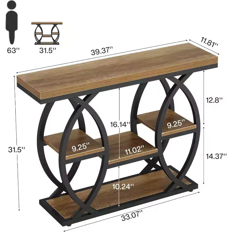 Lantine consoletafel van 39,4 inch, industriële banktafel met 4 niveaus voor entree, opbergplanken en metalen frame voor kleine ruimtes, gang, hal, bruin