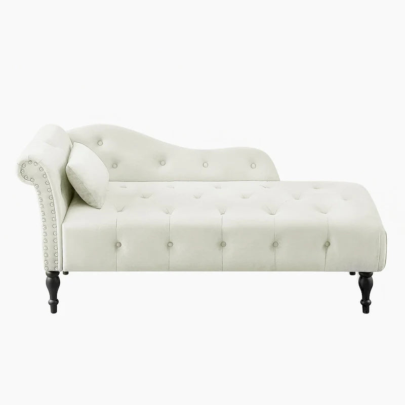 Chaise longue moderne de 60,6 po, capitonnée en velours avec boutons, pieds en bois massif et clous décoratifs
