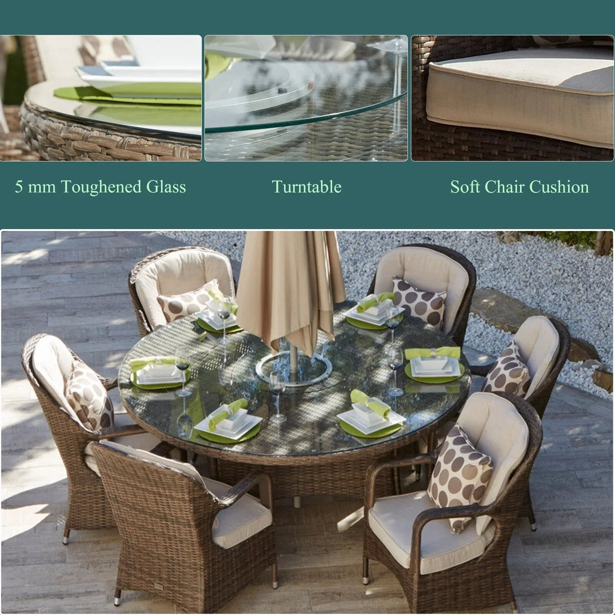 Ensemble de salle à manger rond de jardin en rotin tressé, 7 pièces, avec coussins, par Moda Furnishings