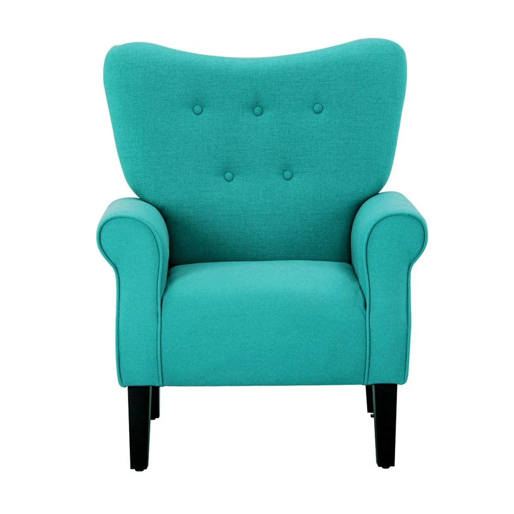 Erommy moderne accentstoel, fauteuil met hoge rugleuning, gestoffeerde stoffen fauteuil met knopen en houten poten voor de woonkamer