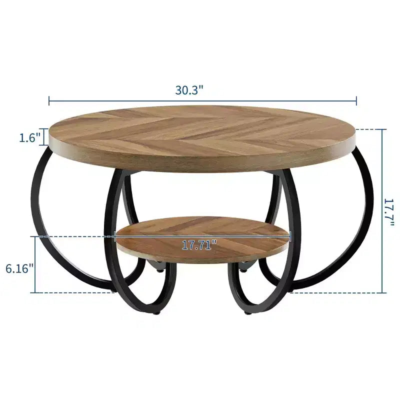 Runder industrieller Couchtisch mit 76 cm Durchmesser, 2 Ebenen, verstellbaren Füßen, Ablage in Holzoptik, Flammendesign, einfache Montage, Wohnzimmer