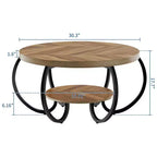 Runder industrieller Couchtisch mit 76 cm Durchmesser, 2 Ebenen, verstellbaren Füßen, Ablage in Holzoptik, Flammendesign, einfache Montage, Wohnzimmer