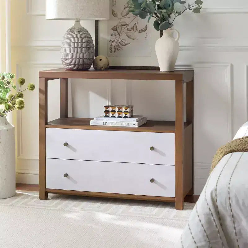 Ernest 2 Drawer 1 Shelf Wood Storage Chest, Natural & White Washed Finish