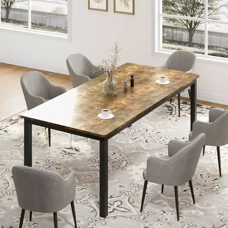 70.8 Inch Industrial Dining Table for 6-8 People, Wooden Dining Table with Metal Legs & Load Bars