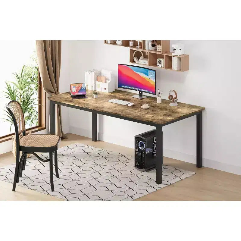 70.8 Inch Industrial Dining Table for 6-8 People, Wooden Dining Table with Metal Legs & Load Bars