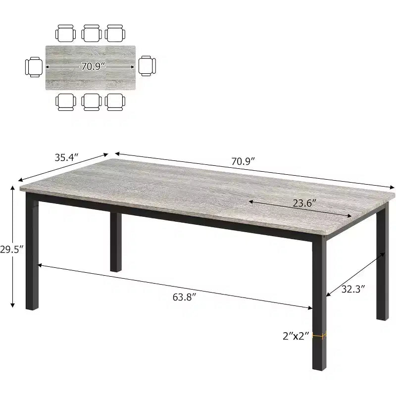 70.8 Inch Industrial Dining Table for 6-8 People, Wooden Dining Table with Metal Legs & Load Bars