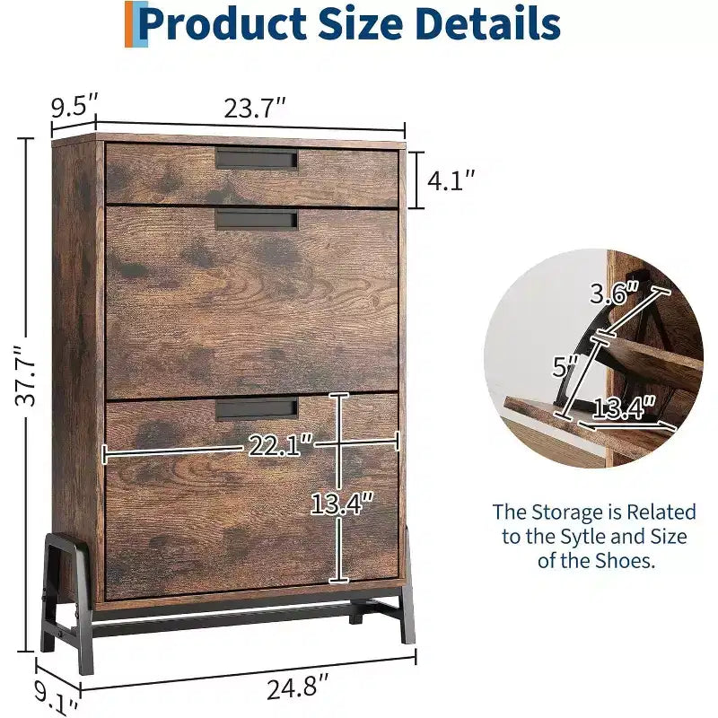 Shoe Storage Organizer with 2 Flip Drawers and 1 Drawer, Shoe Cabinet with 3-Tier Adjustable Shelves