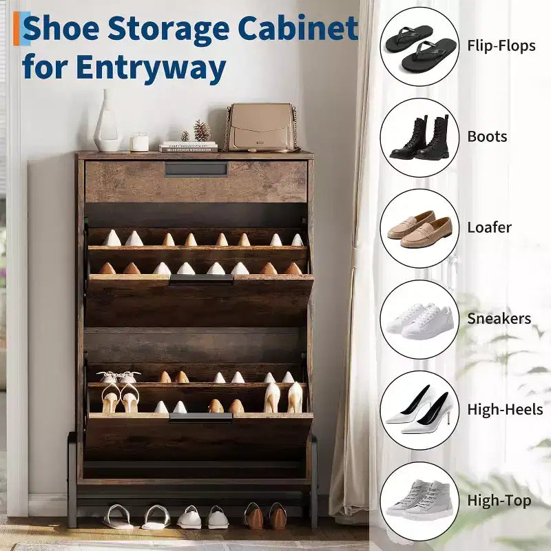 Shoe Storage Organizer with 2 Flip Drawers and 1 Drawer, Shoe Cabinet with 3-Tier Adjustable Shelves