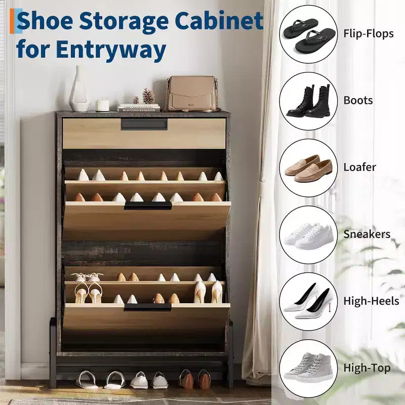 Shoe Storage Organizer with 2 Flip Drawers and 1 Drawer, Shoe Cabinet with 3-Tier Adjustable Shelves