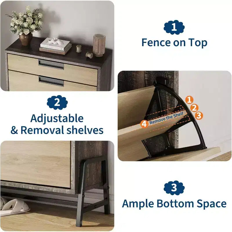 Shoe Storage Organizer with 2 Flip Drawers and 1 Drawer, Shoe Cabinet with 3-Tier Adjustable Shelves