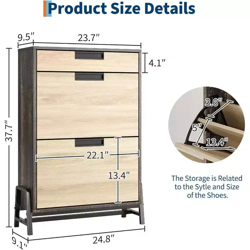 Shoe Storage Organizer with 2 Flip Drawers and 1 Drawer, Shoe Cabinet with 3-Tier Adjustable Shelves